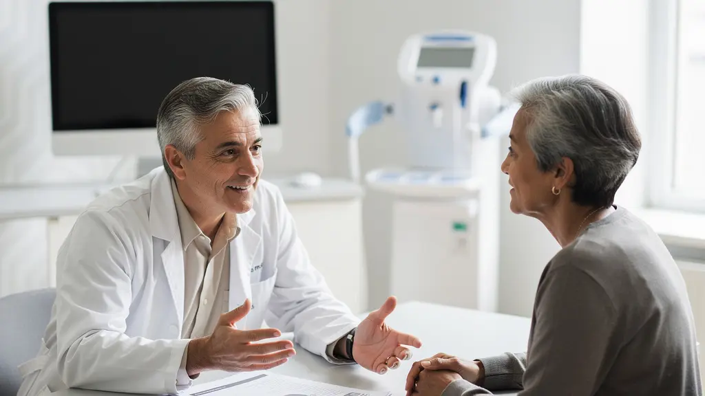 Medical professional reviewing health records with patient in modern clinic setting