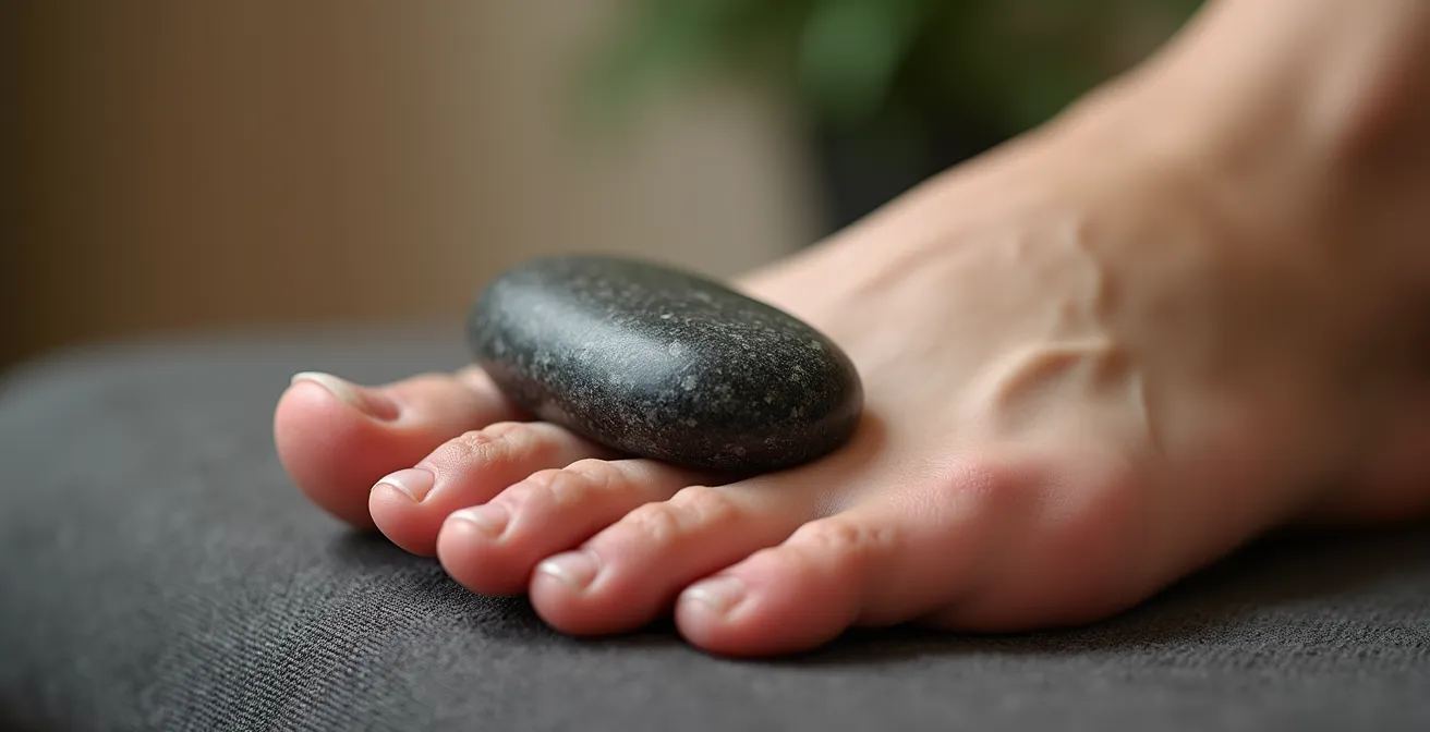 Oval basalt stone perfectly contoured to support foot arch during therapeutic massage