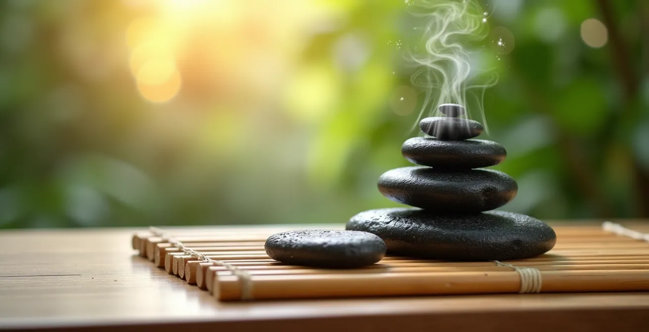 Black basalt massage stones cooling on natural bamboo rack for thermal structure reset
