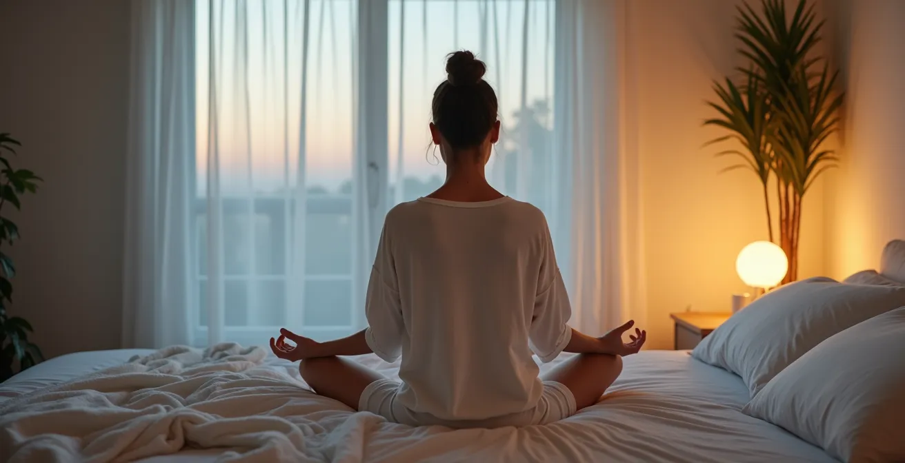 Person performing self-acupressure in peaceful bedroom setting