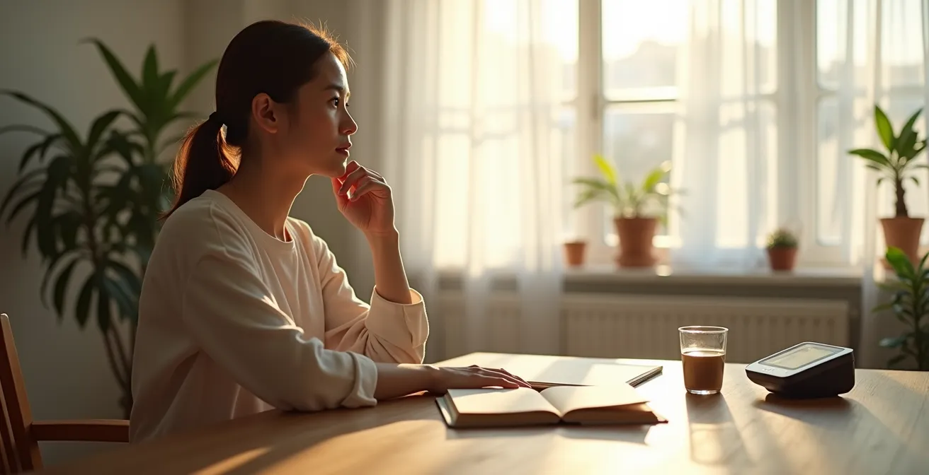 Person tracking their blood pressure at home as part of wellness monitoring routine