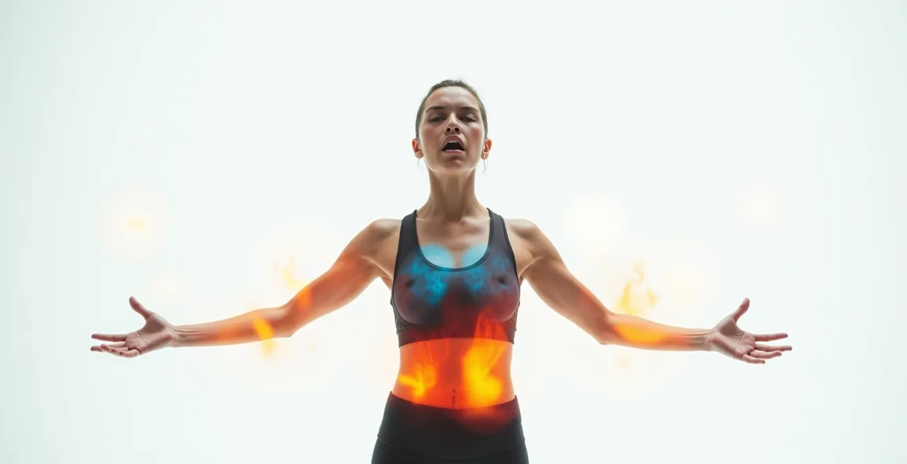 Person with transparent overlay showing heat map of emotional sensations in different body areas