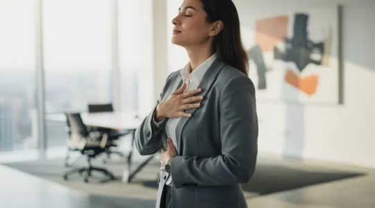 Professional woman in business attire practicing breathing technique near window before presentation