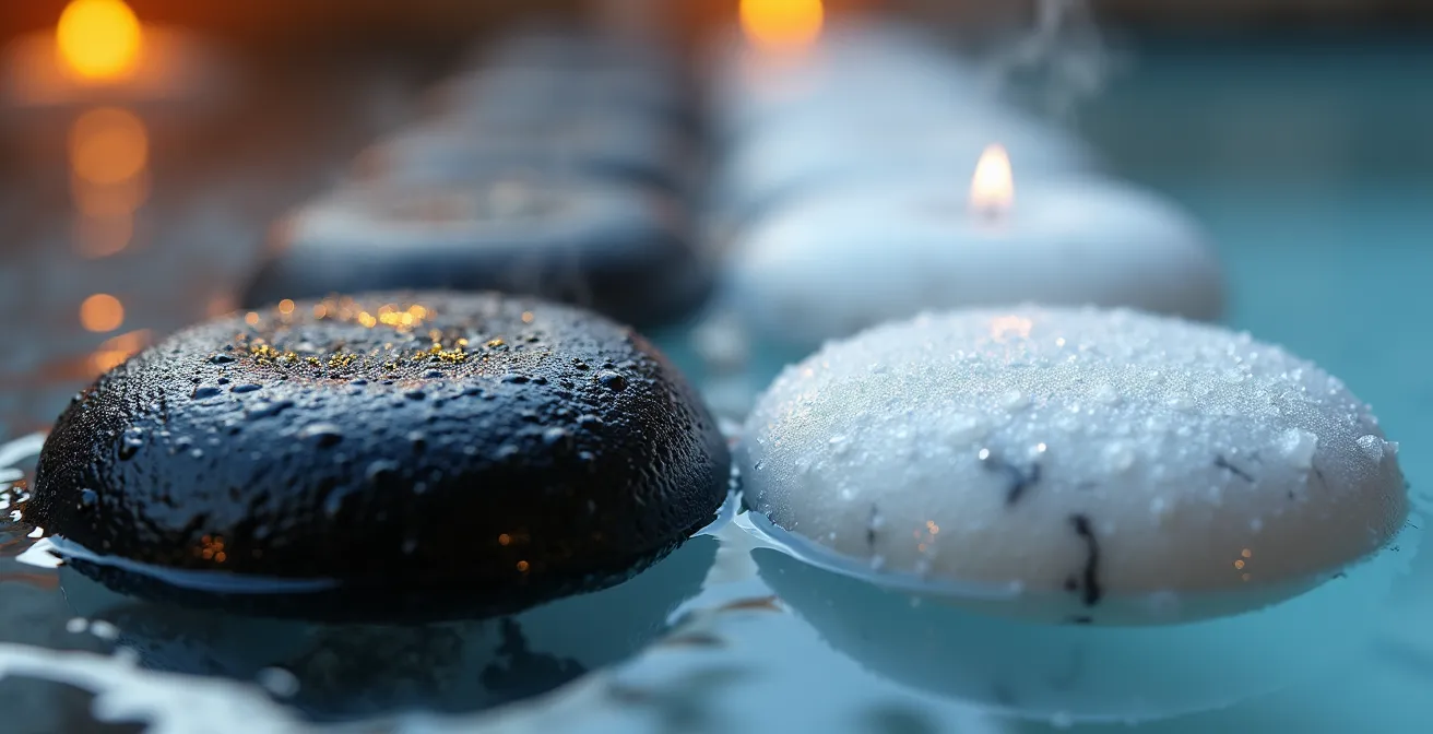 Alternating hot basalt and cold marble stones demonstrating contrast therapy for inflammation