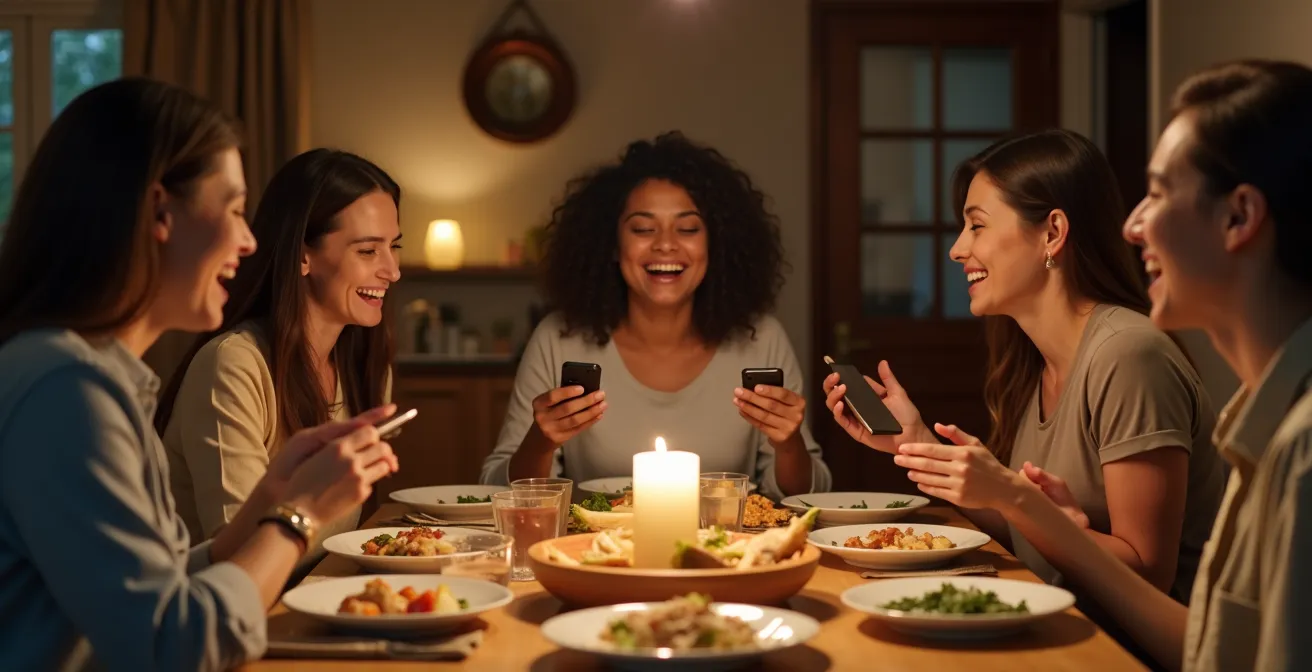 Casual dinner gathering with mismatched plates and genuine laughter around a simple table