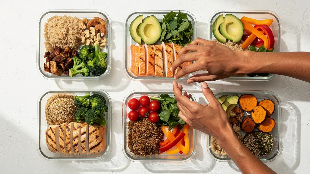 Aerial view of perfectly portioned lunch components in glass containers
