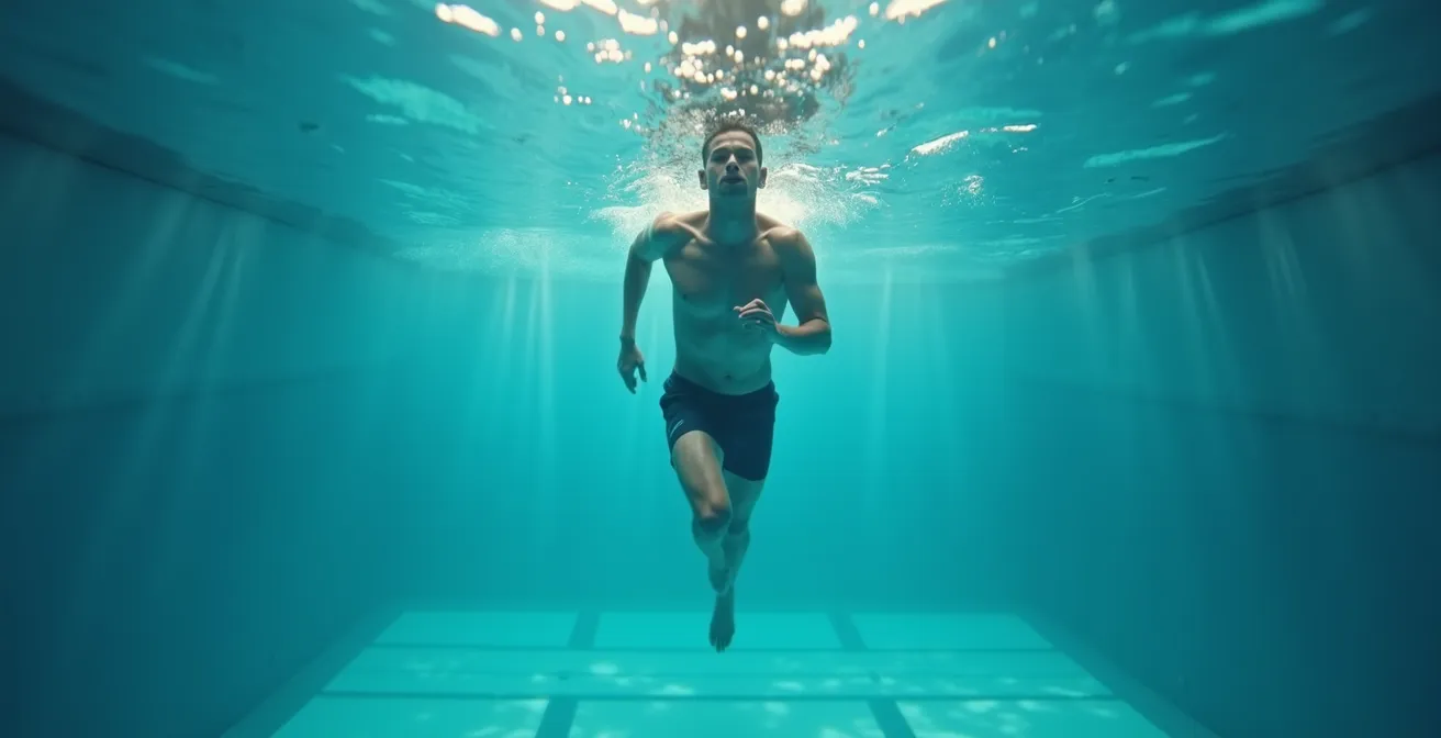 Person demonstrating proper deep water running form with flotation support