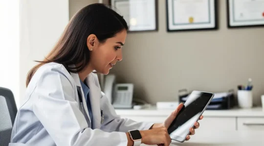 Doctor and patient collaborating over digital health data displayed on tablet during consultation