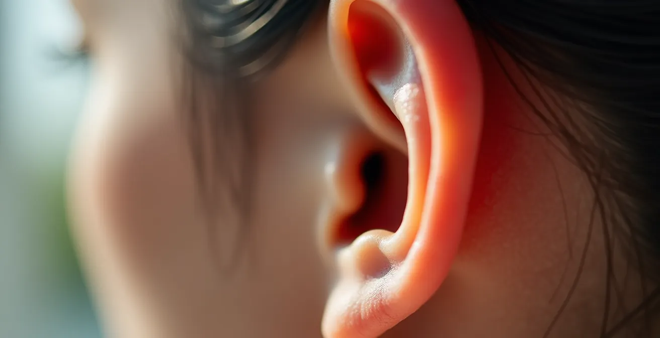 Close-up of ear showing acupressure seed placement points