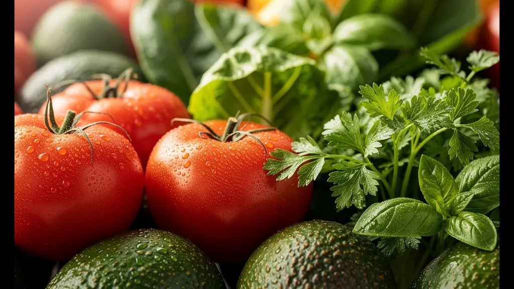 Macro shot of fresh produce arranged showing ethylene gas production zones