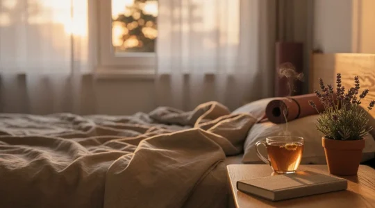 Peaceful bedroom scene with warm evening light representing cortisol reduction for better sleep