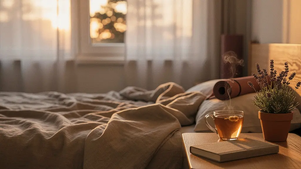 Peaceful bedroom scene with warm evening light representing cortisol reduction for better sleep