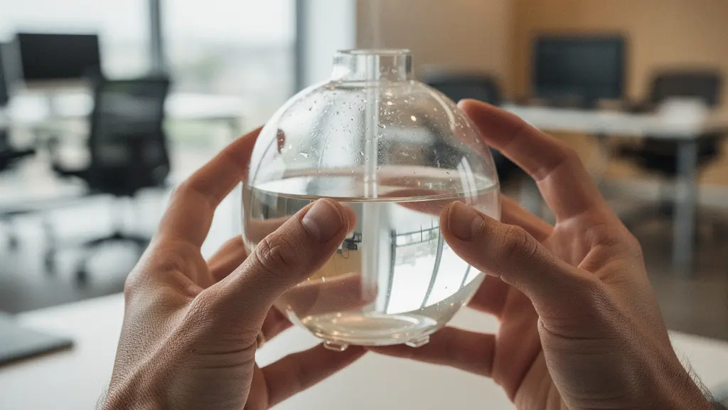 Close-up of executive's hands holding peppermint oil diffuser with blurred office background