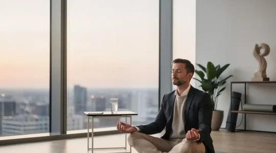 Business executive practicing morning meditation in modern office with city skyline at sunrise