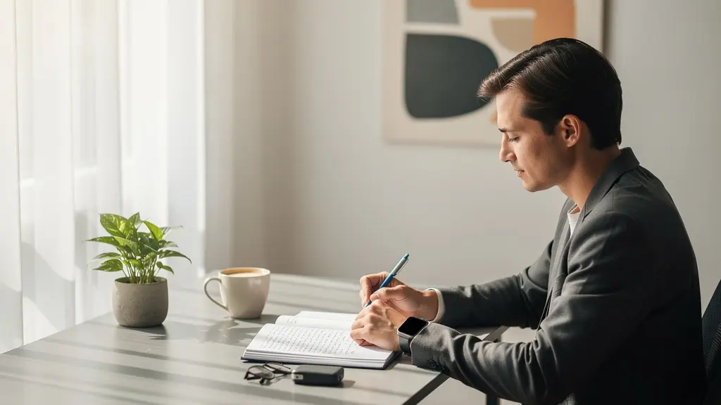 Person calmly reviewing weekly health trends on notebook with smartwatch nearby