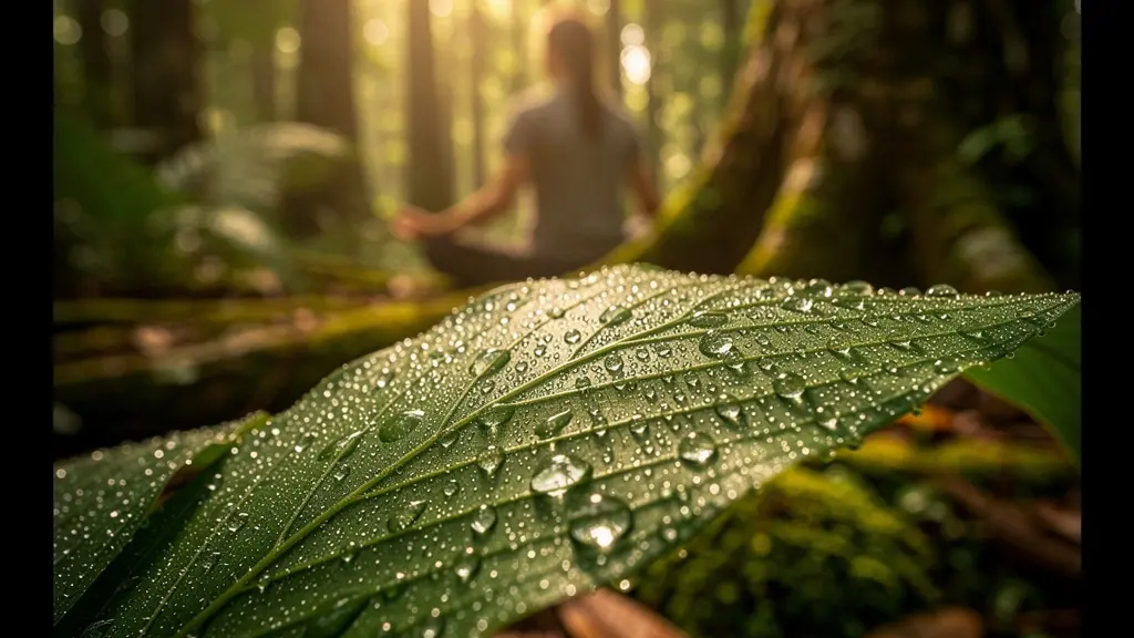 Person experiencing forest bathing therapy in dense tropical forest