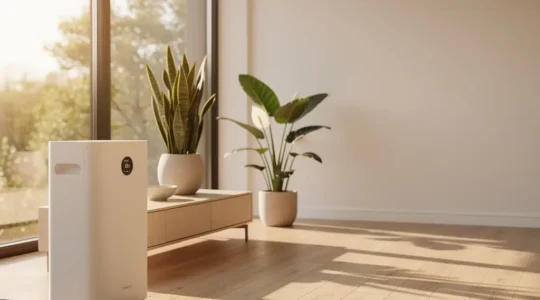 Modern living room featuring air purifier, houseplants, natural light streaming through windows showing negative space composition