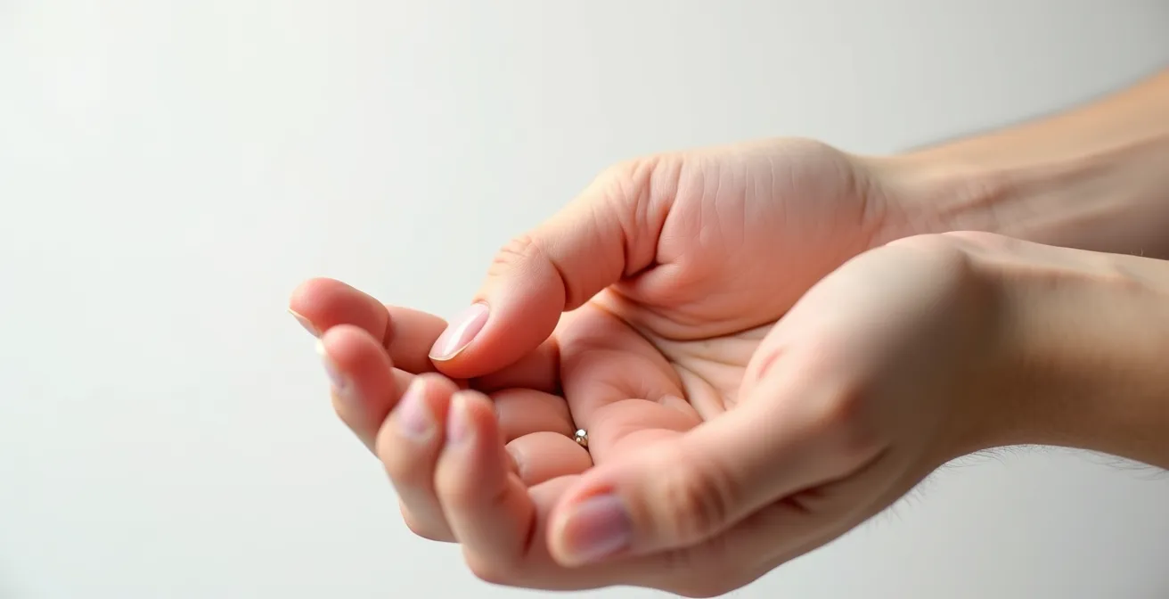 Macro view of hand showing exact location of Hegu point between thumb and index finger