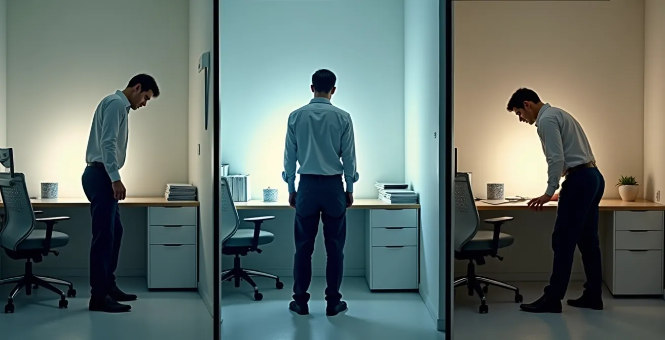 Three-panel progression showing person from energized to exhausted with visual representation of diminishing internal energy