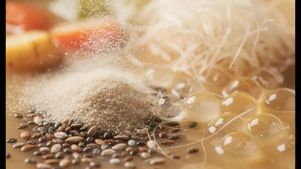 Close-up macro shot of various fiber powders and seeds seamlessly blended into foods