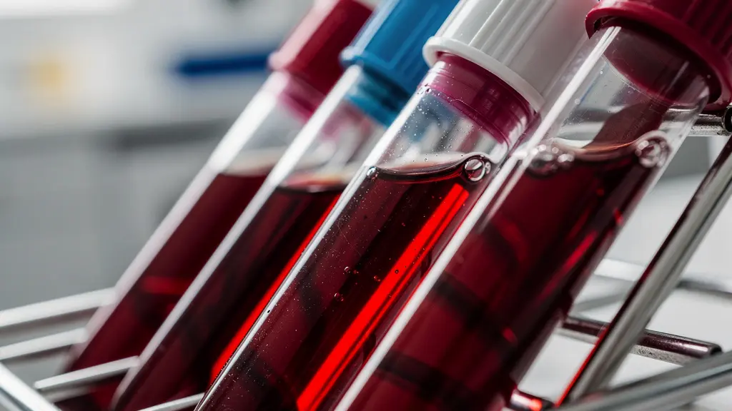 Extreme close-up of blood sample vials in a laboratory setting, representing a lipid panel analysis.