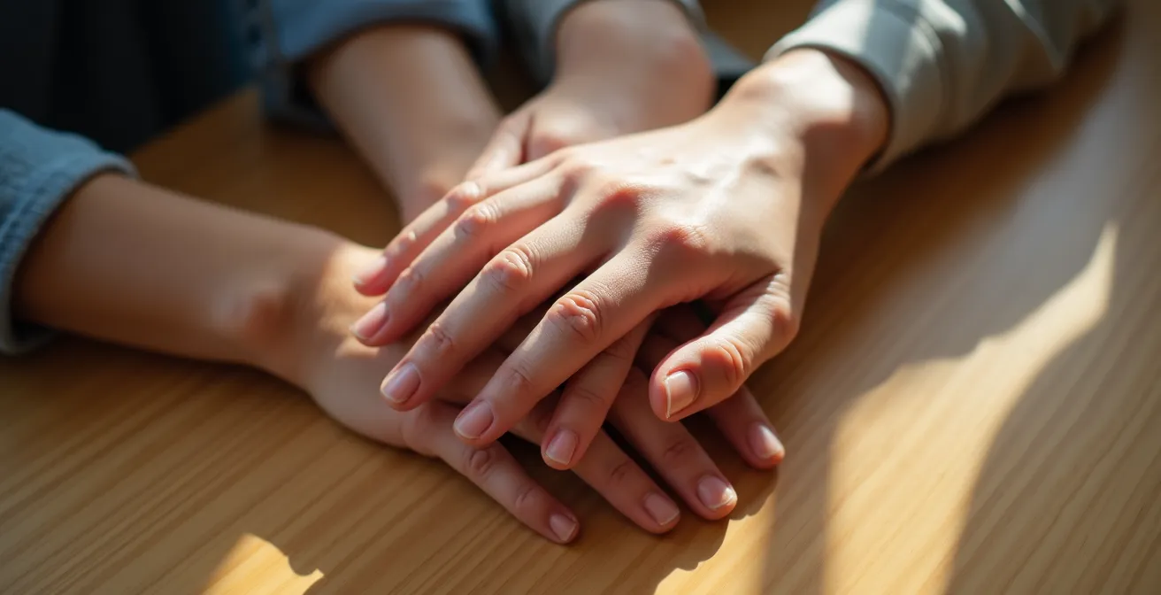 Close-up macro shot of interconnected hands during language exchange showing vulnerability and connection