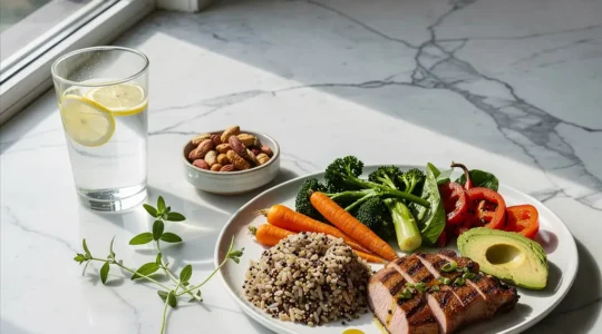 Strategic lunch arrangement preventing afternoon energy crash with balanced nutrition