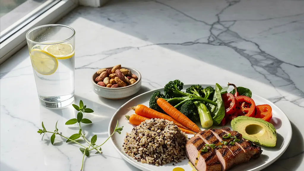 Strategic lunch arrangement preventing afternoon energy crash with balanced nutrition