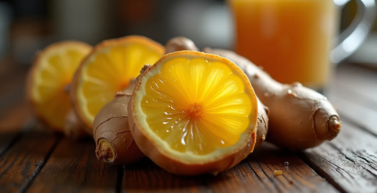 Extreme close-up of fresh ginger root with steam rising, showing fibrous texture