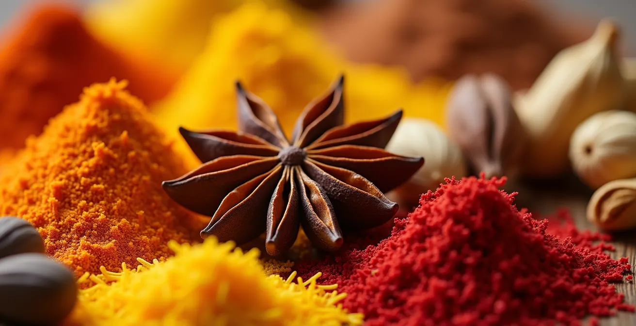 Extreme close-up of exotic spice textures, symbolizing the sensory memories to be integrated after a trip.