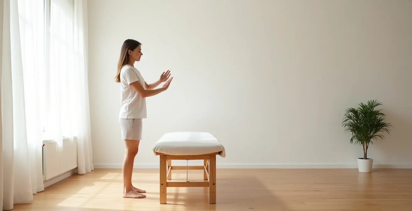 Massage therapist demonstrating proper body positioning with weight transfer in lunge stance