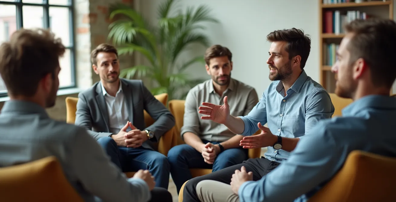 Men in focused discussion during goal-setting session