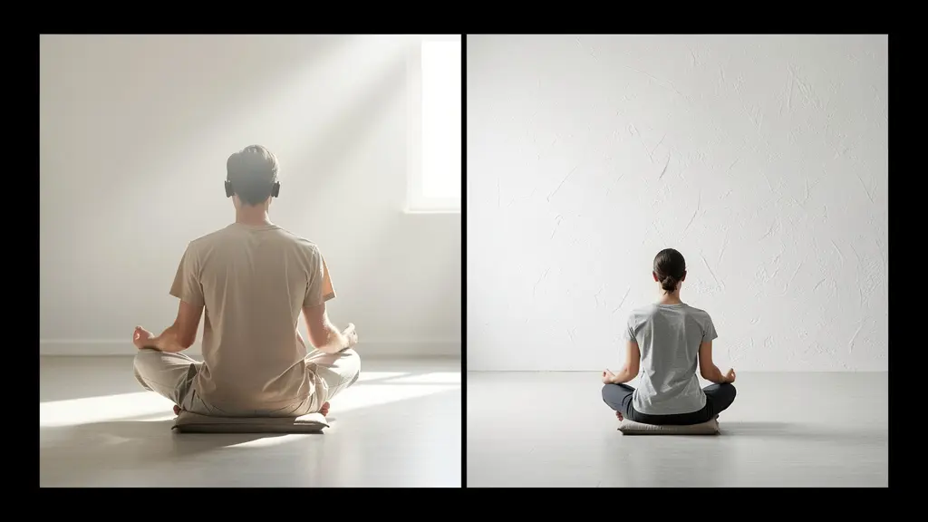 Split view showing brain activity patterns during guided versus silent meditation