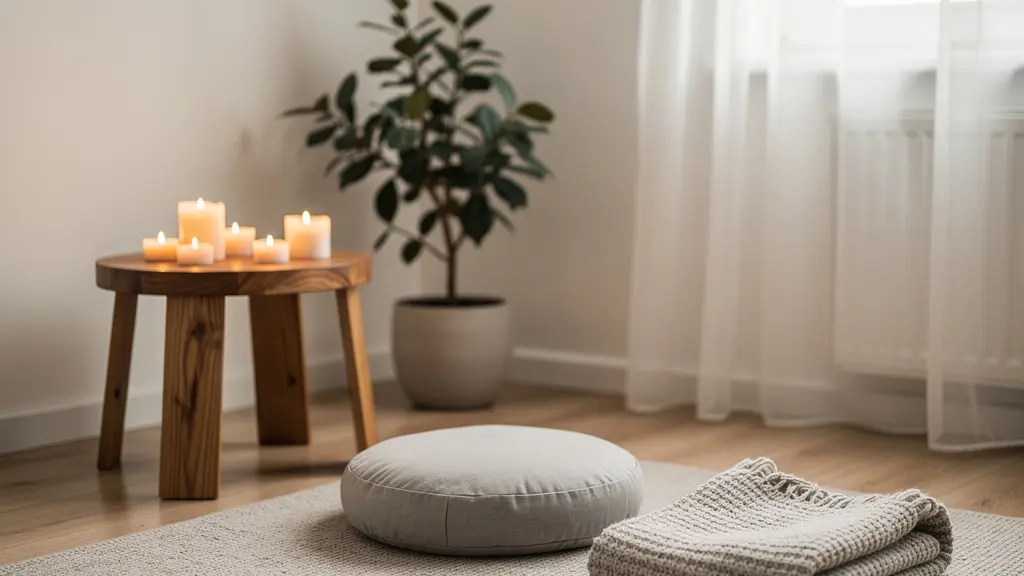Cozy corner of small apartment transformed into calming sanctuary with soft textures and warm lighting