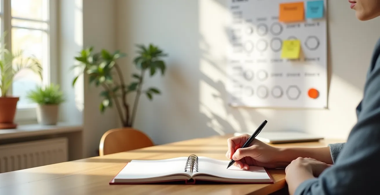 Professional journaling in sunlit workspace with quarterly review calendar