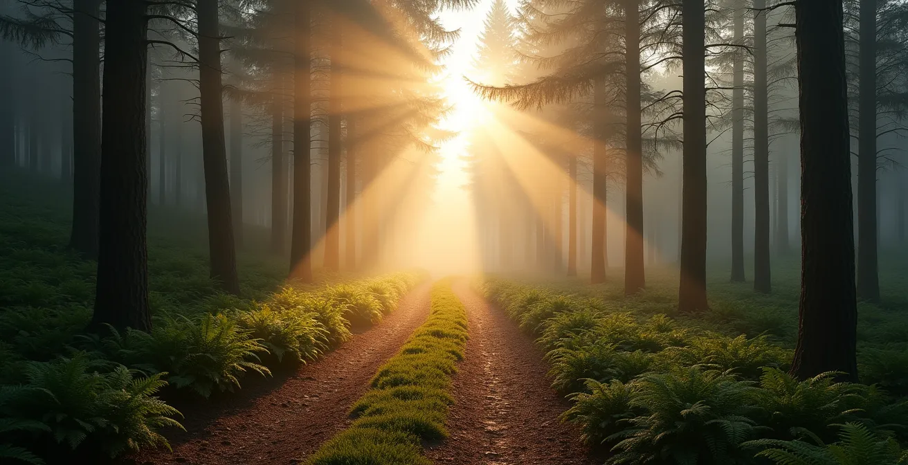 Misty forest at dawn showing optimal phytoncide conditions with atmospheric particles