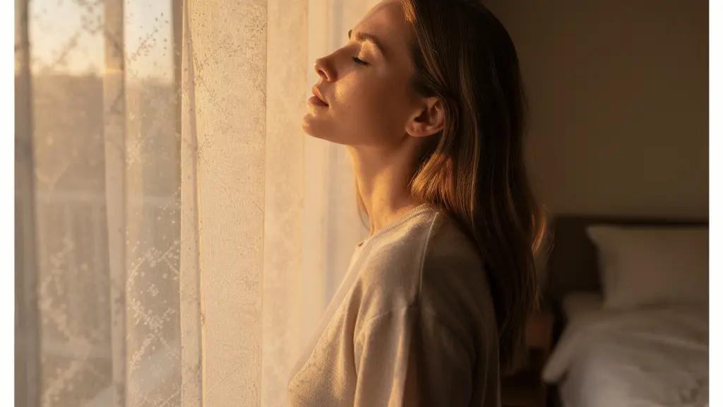 Person facing morning sunlight through window for circadian rhythm reset