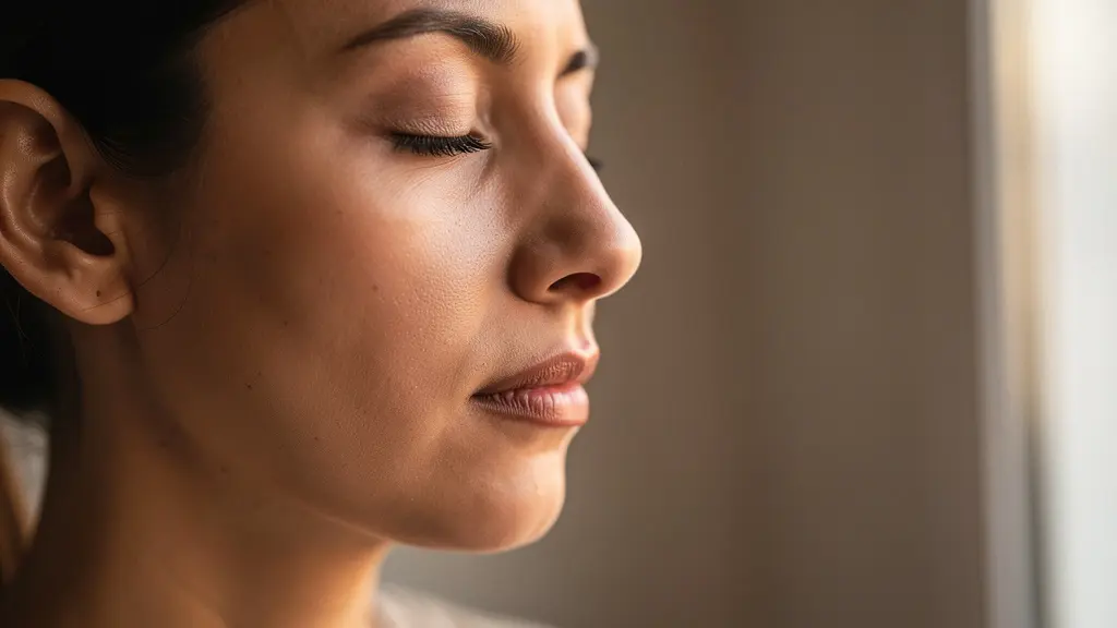 Close-up profile of person practicing nasal breathing with visible calm expression