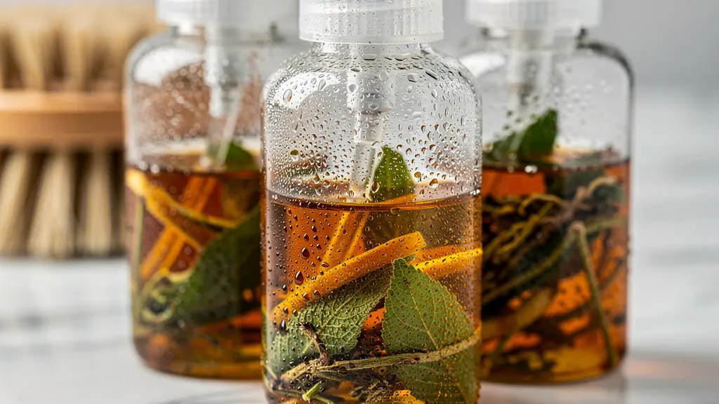 Macro shot of glass spray bottles with natural cleaning ingredients like citrus and herbs visible through clear glass