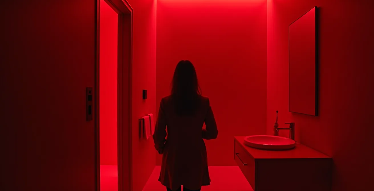 Bathroom interior with soft red ambient lighting at night