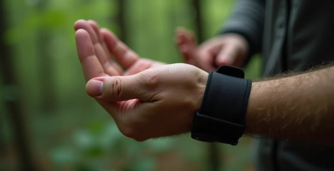 Extreme close-up of proper hand strap technique showing relaxed grip transitioning to open palm