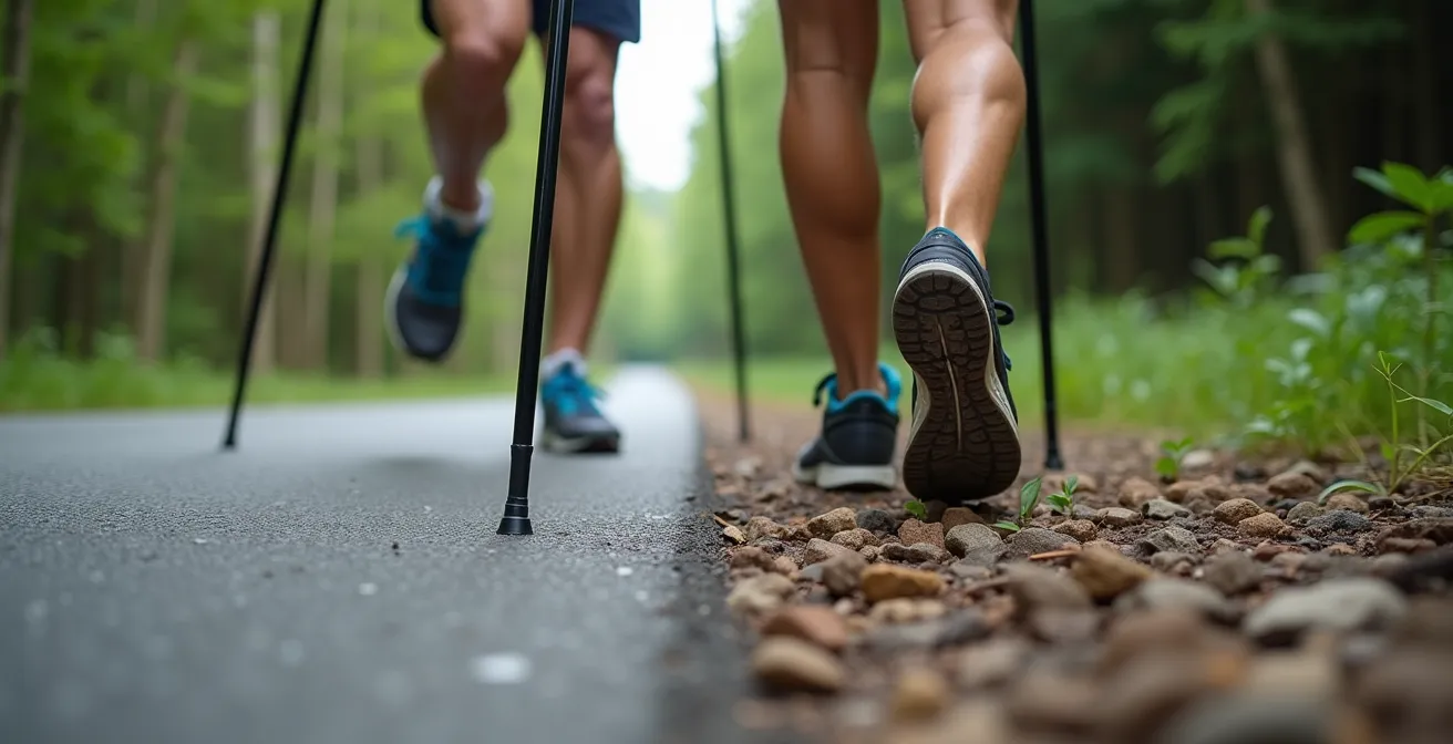 Split-screen comparison showing Nordic walking pole angles on pavement versus forest trail