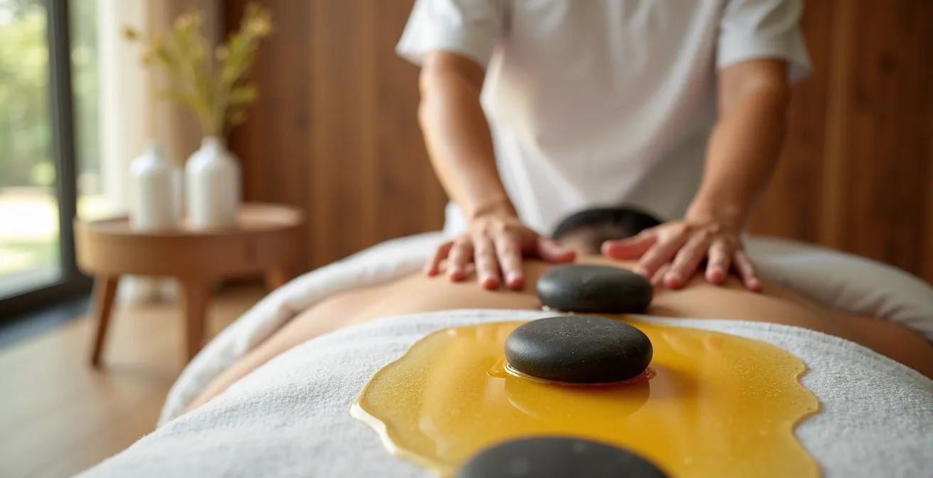 Massage oil creating protective layer between hot stone and skin during therapy