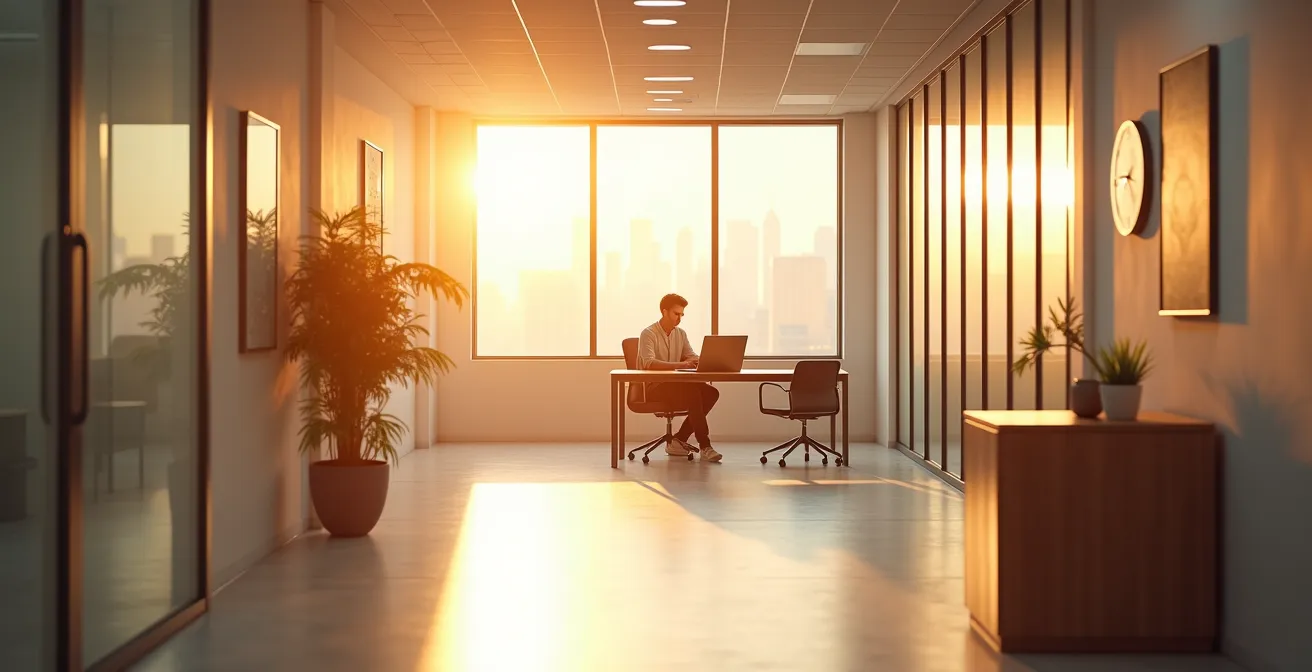 A calm and minimalist morning office environment bathed in natural light, representing an optimal time for a performance review.