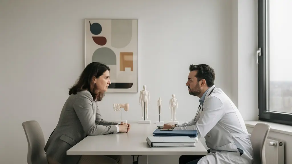 A doctor and patient in a thoughtful consultation, illustrating a shared decision-making process.