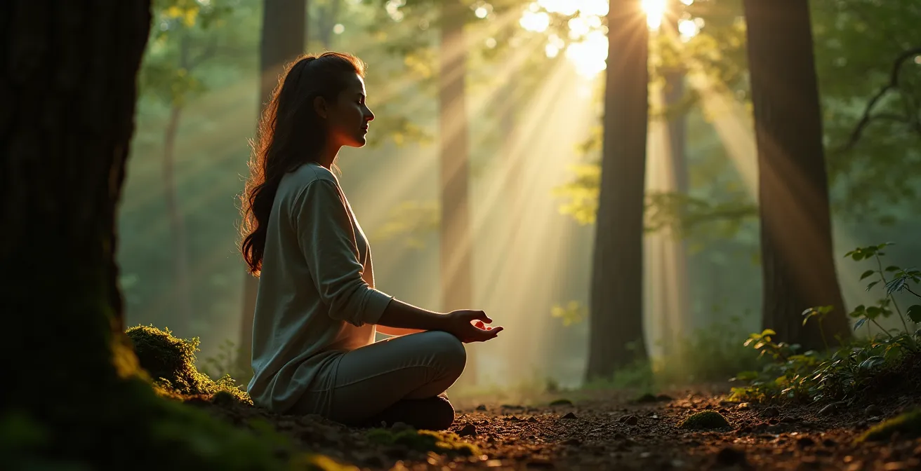 Individual in peaceful meditation surrounded by a forest atmosphere, representing the stress-reducing effects of nature.
