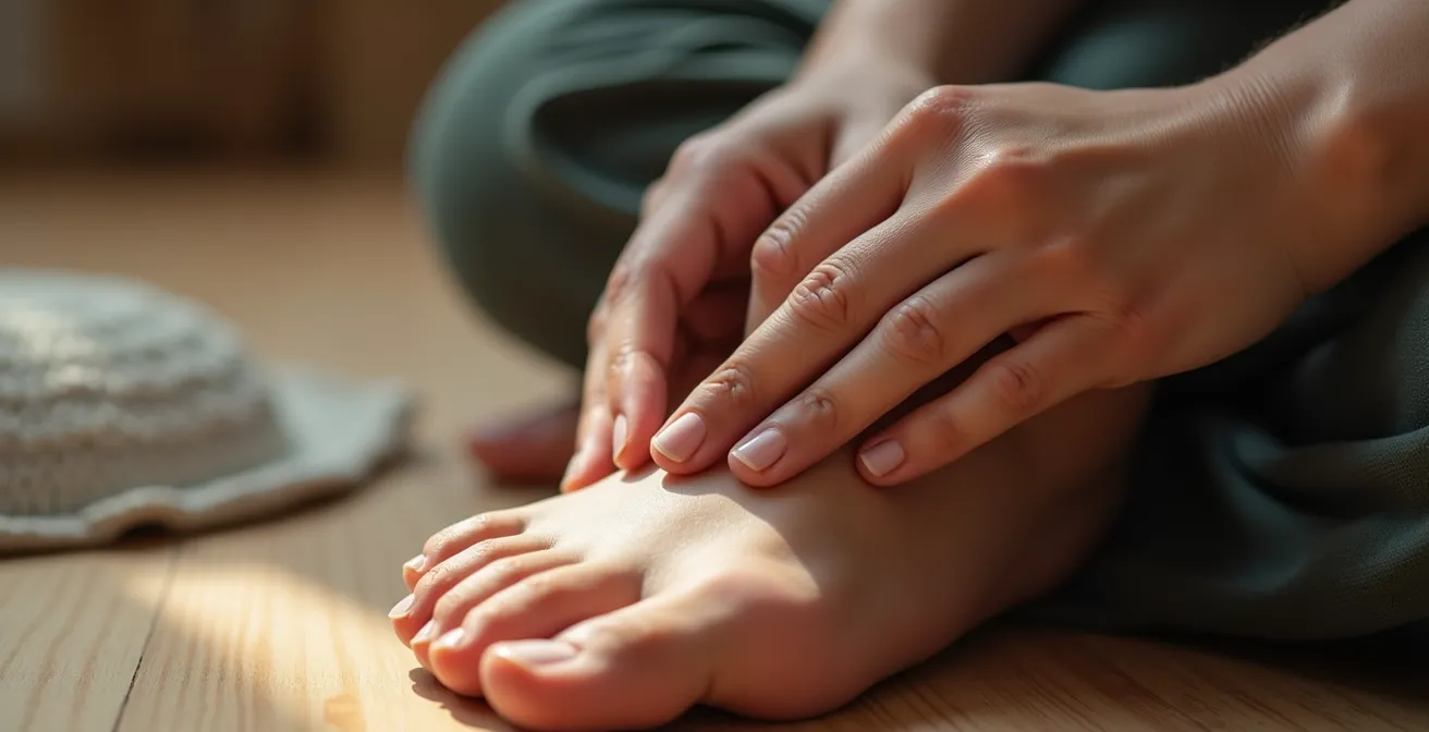 Hands applying pressure to Liver 3 acupressure point between big toe and second toe