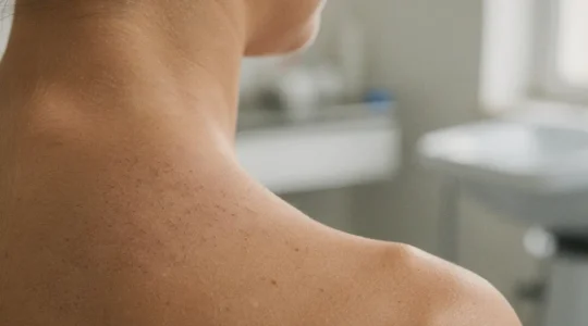 Medical illustration showing early skin manifestations of pre-diabetes including darkened neck patches and skin textural changes