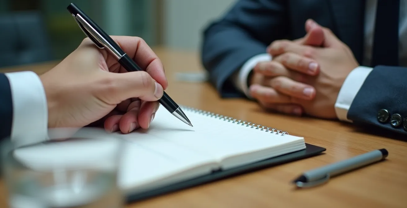 Two professionals engaged in focused one-on-one conversation during a meeting, demonstrating active listening.