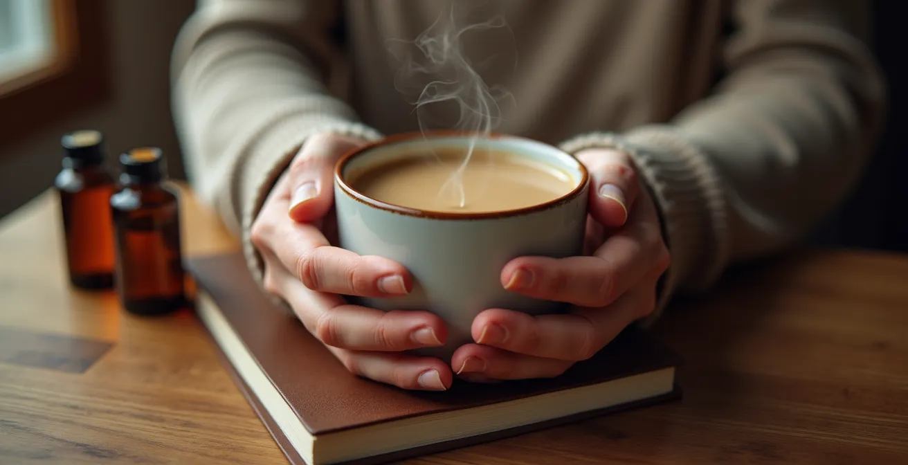 Hands holding warm coffee mug with morning journal and essential oils arranged nearby